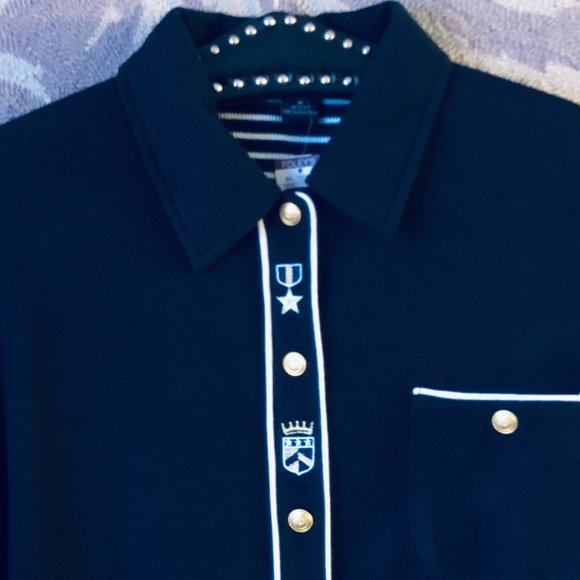 NWT Moving Bleu Sz M Fit L  Womens Knit Navy Jacket Button Embroidered Pocket - Picture 2 of 12